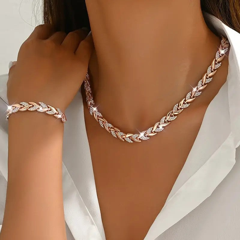 Glass Leaf Jewelry Set | Elegant Rhinestone Necklace & Bracelet