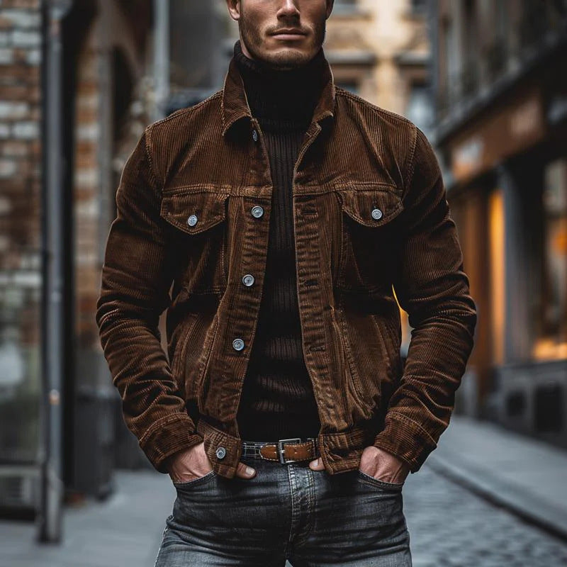 Men's Corduroy Striped Lapel Jacket Men's Pocket Corduroy Long Sleeve Stripe | Ectron Online