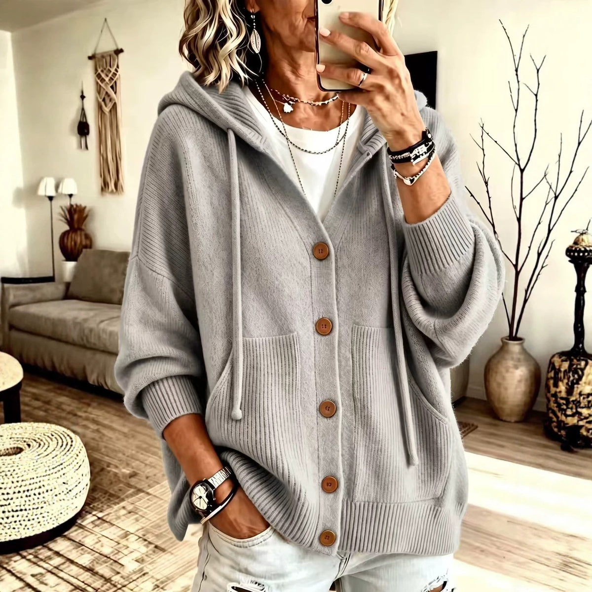 Gray button-knit hooded cardigan with wood-look buttons and front patch pockets