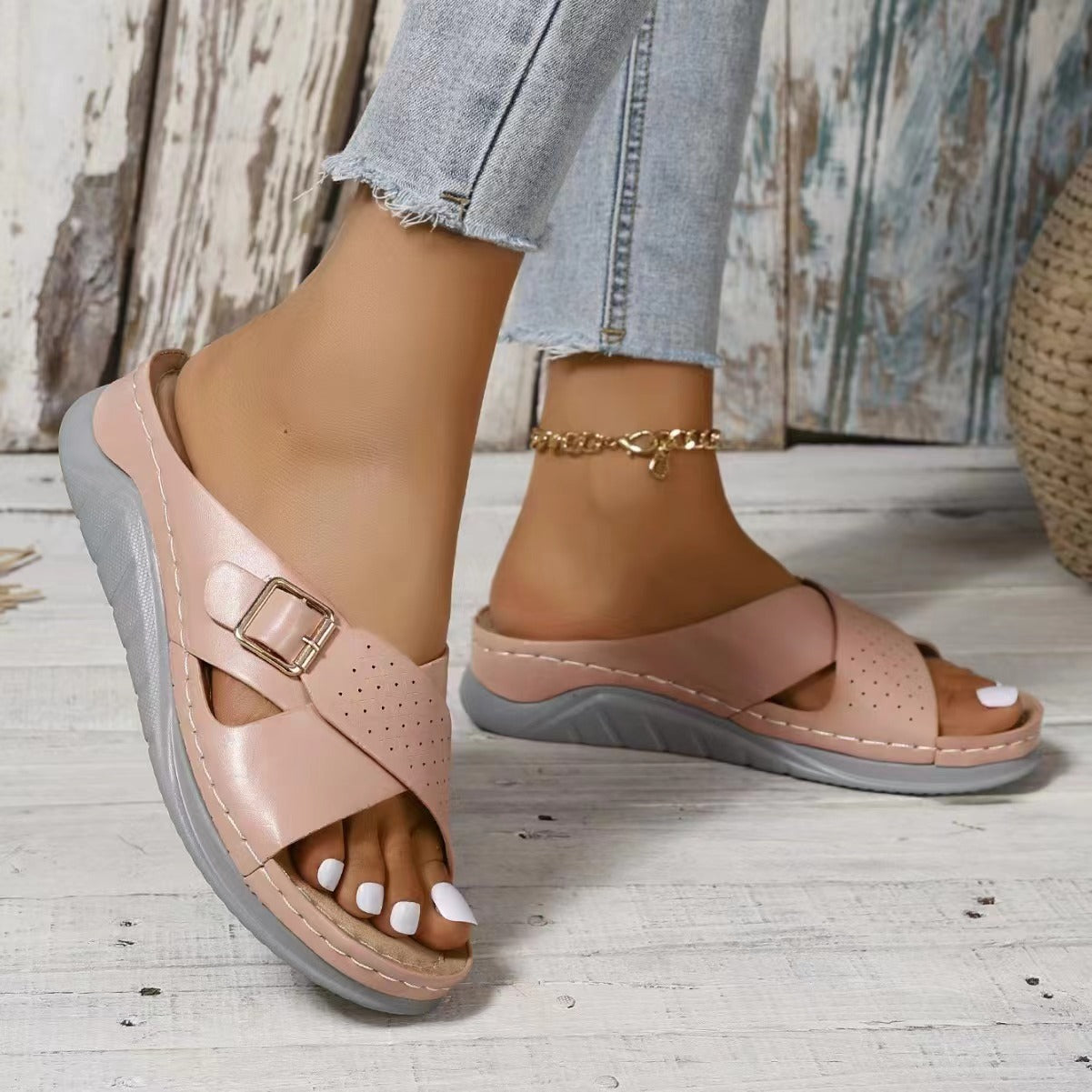 New Buckle Cross-design Slippers Summer Wedges Sandals Fashion Women's Beach Shoes New Buckle Cross-design Slippers Summer | Ectron Online