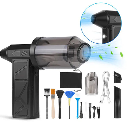 Handheld electric duster/vacuum with transparent collection tube, black nozzle and tools