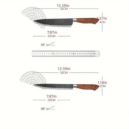 Chef’s knife size diagram with wood handle and textured blade