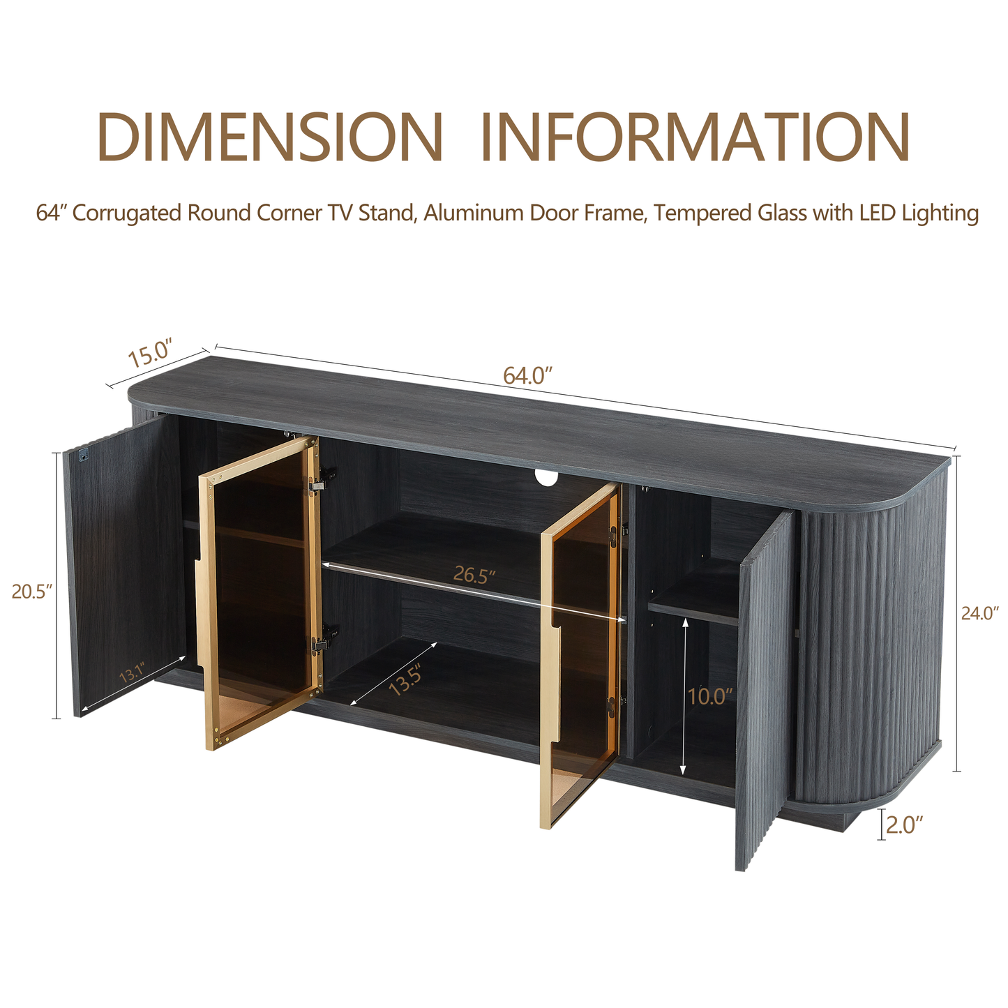 Black TV cabinet dimension diagram with open doors and tempered glass, LED