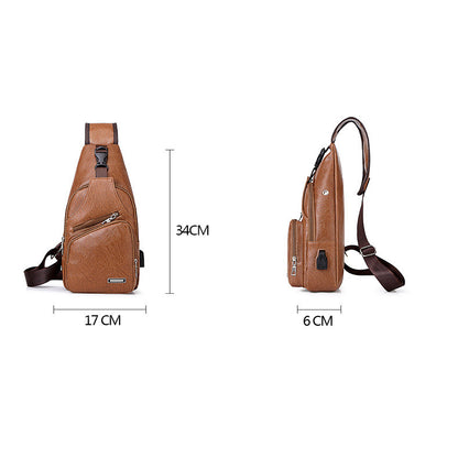 Light brown chest bag shown in front, side, and back views with strap