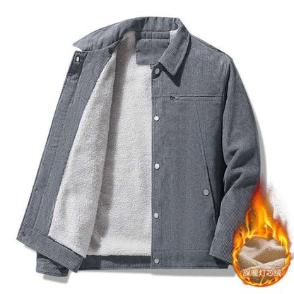 Gray corduroy winter jacket with sherpa lining, stand collar, button front, chest zip pocket