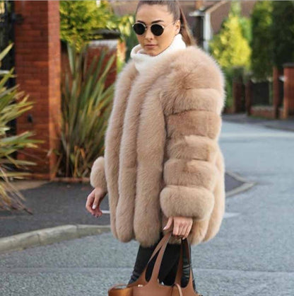 Women's Fox Fur Mid-Length Coat | Luxurious Winter Fur Jacket Fox Fur Mid-length Coat For Women | Ectron Online
