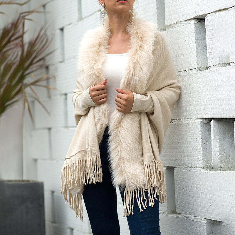 Women's Faux Fur Trim Cardigan | Fringe Hem Winter Poncho Coat