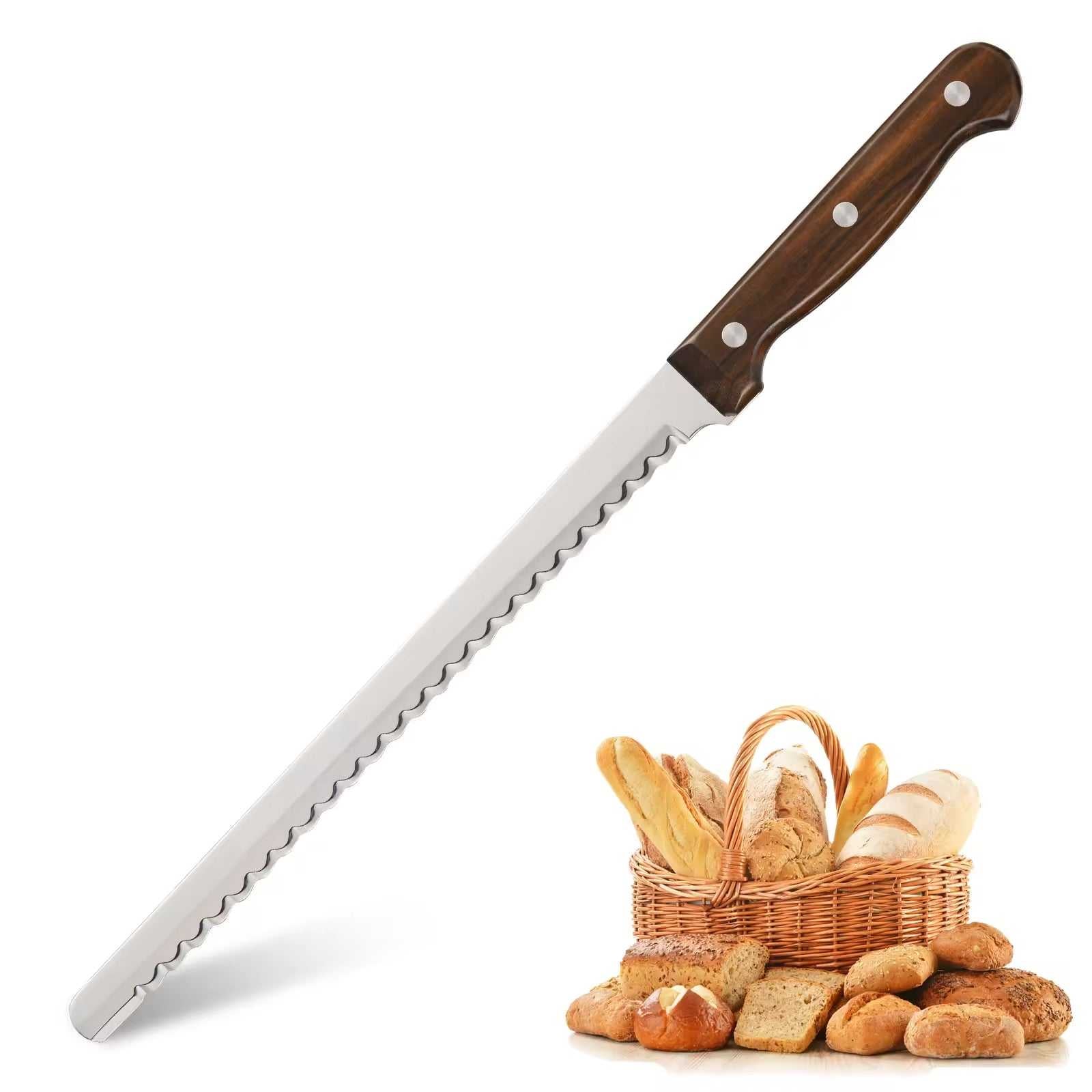 Serrated 10-inch bread knife with polished carbon-steel blade and dark wooden handle