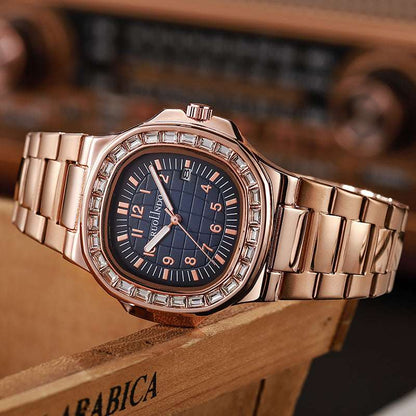 Rose gold tone men's luminous watch with dark blue dial and link bracelet