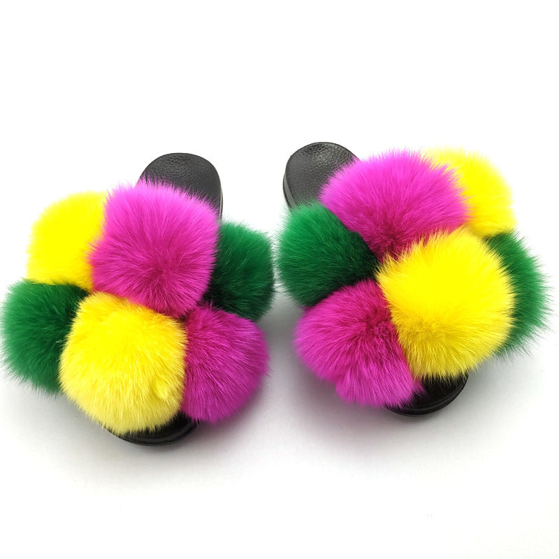Luxury Fox Fur Slides & Fluffy Slippers Fox Fur Ball Slippers For Outer Wear | Ectron Online