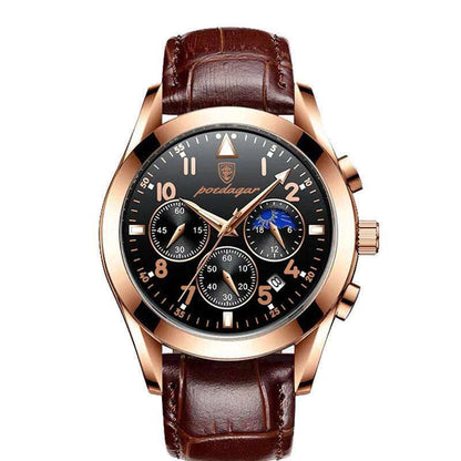 Men's wrist watch with rose-gold-tone case, black dial, and brown leather strap
