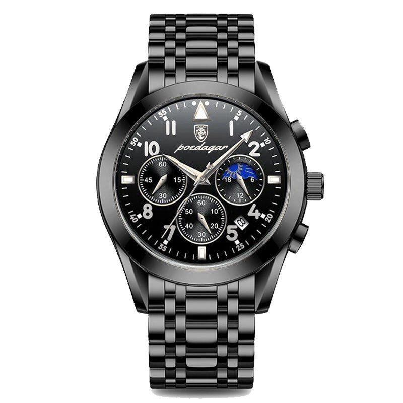 Men's wrist watch with black dial and black leather accents, on a steel bracelet