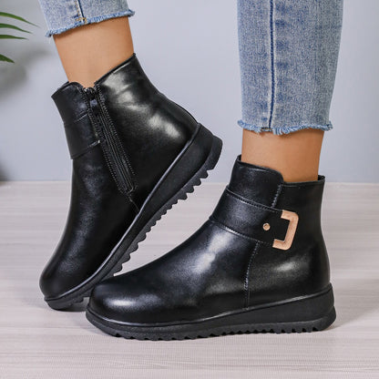 Women's Winter Fleece Ankle Boots | Non-Slip Side Zipper PU Shoes Winter Fleece Boots With Side Zipper Des | Ectron Online
