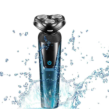 Waterproof cordless electric beard and nose trimmer in blue, with three rotating foils