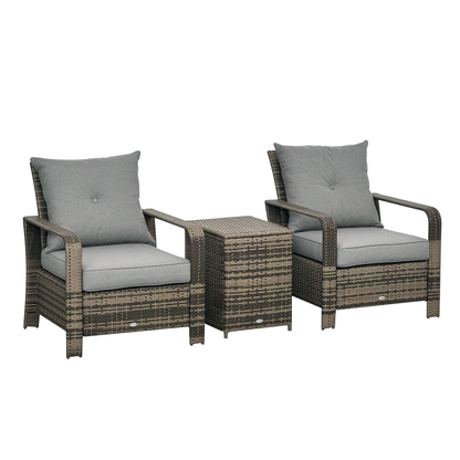 Two gray cushioned resin wicker chairs with a matching square coffee table