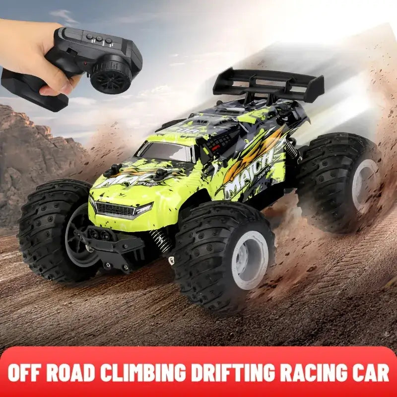 Neon green RC off-road toy truck with remote controller in view