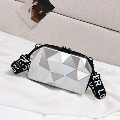 White geometric mini cosmetic bag with black zipper and short strap