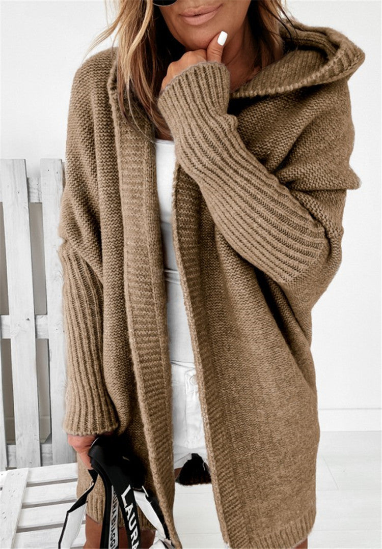 Brown oversized hooded cardigan sweater with batwing sleeves and chunky knit texture