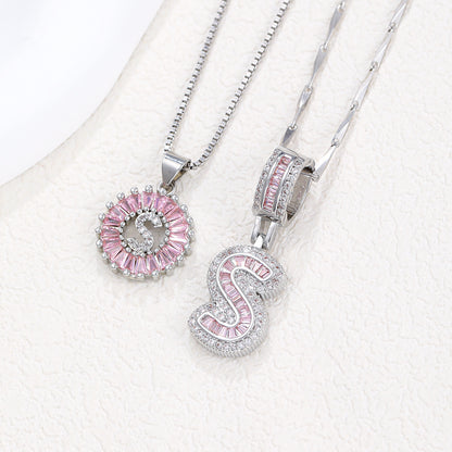 Rock Sugar 26-letter Pendant Necklace For Women, Copper Inlaid Zircon Round Flower Jewelry Set