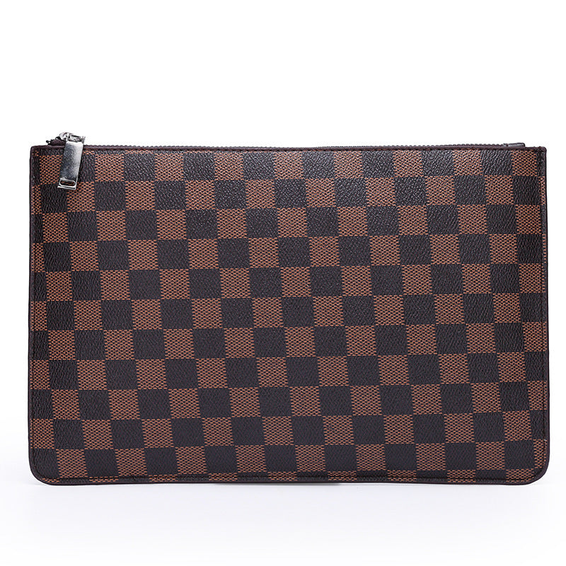 Checkered PU leather clutch with zip top, brown