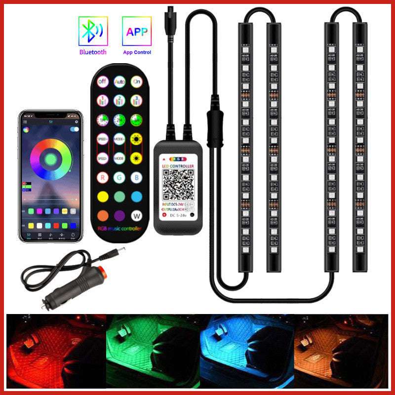 RGB LED strip lights with remote control, smartphone app, and power adapter on a white background.