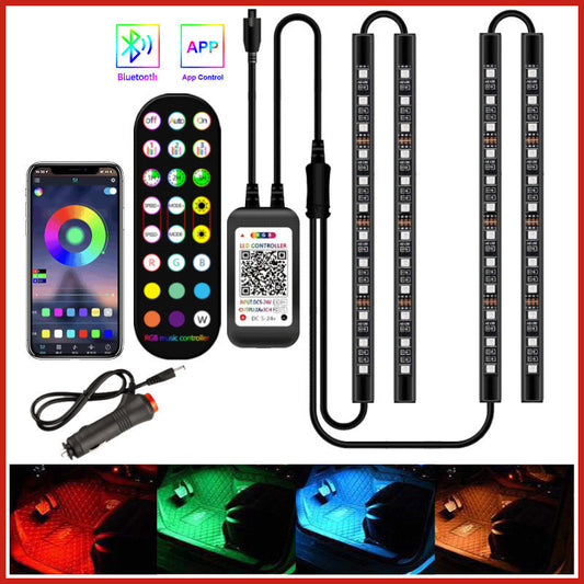 RGB LED strip lights with remote control, smartphone app, and power adapter on a white background.