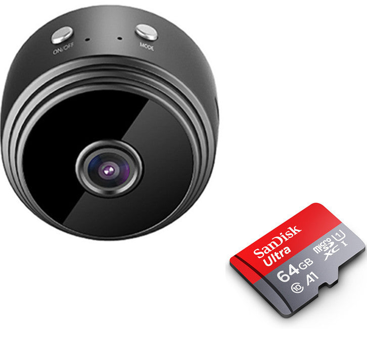 Black wireless security camera with front lens and SanDisk Ultra 64GB memory card