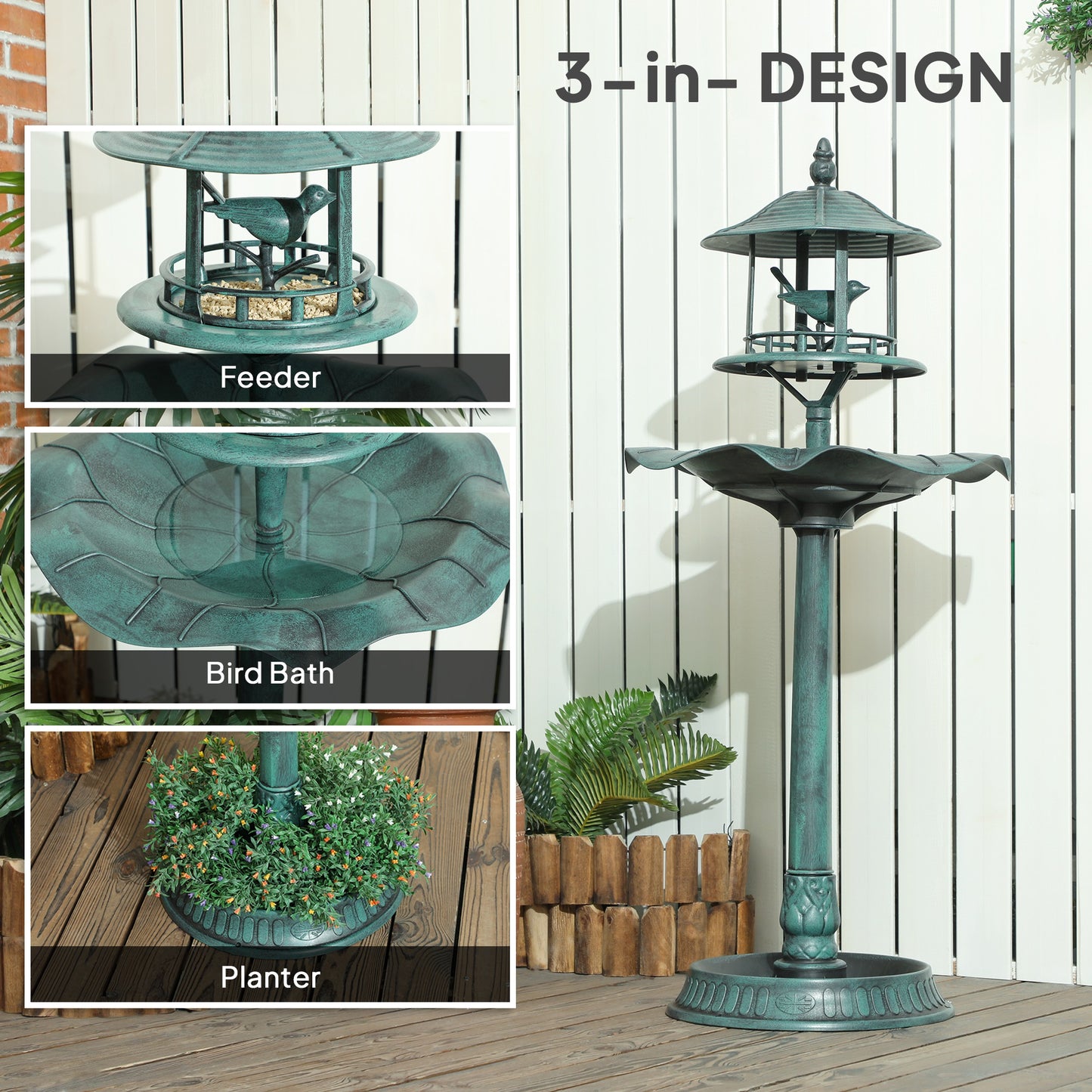 Antique green 3-in-1 garden bird bath, feeder tray, and flower planter overview