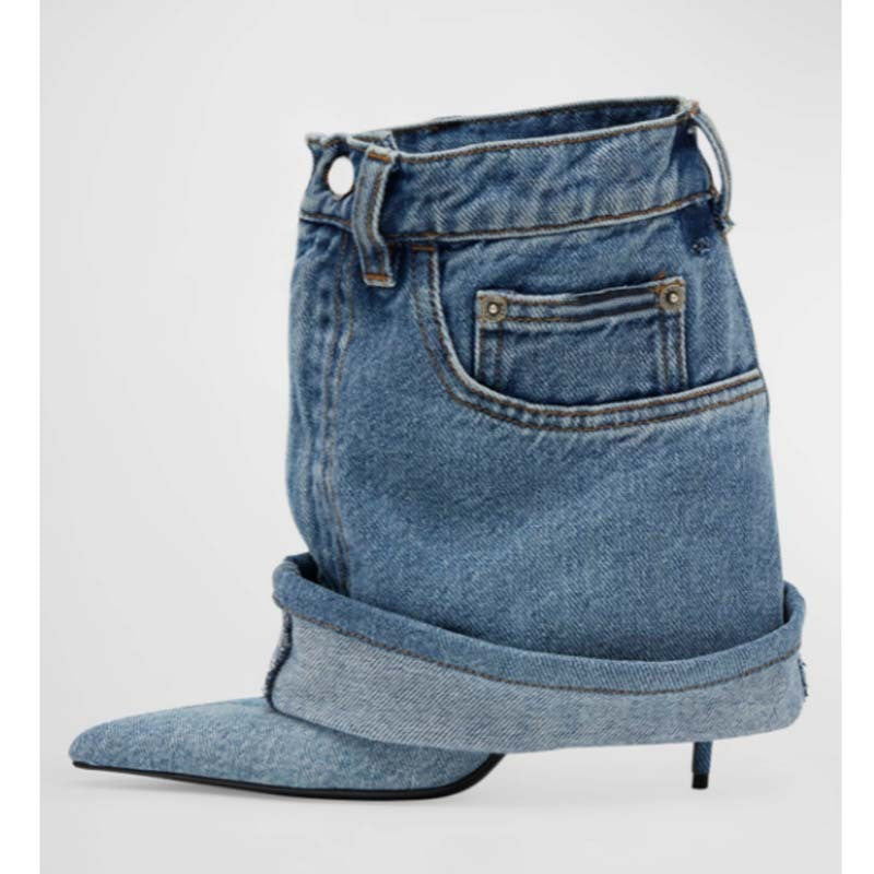 Pointed-toe Washed Denim Pantskirt Stiletto Heel Ankle Boots