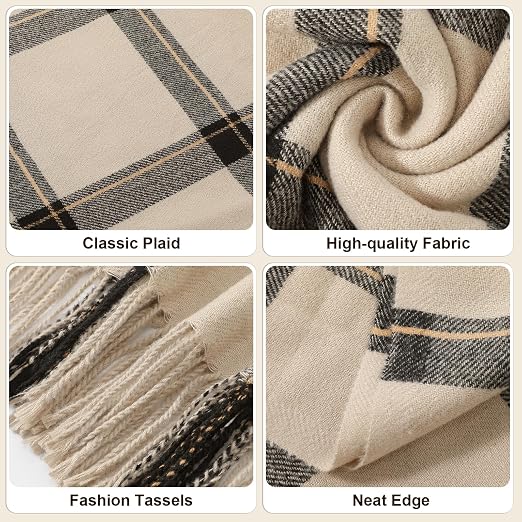 Plaid scarf fabric close-up: soft weave, neat edge, and tassel fringe details