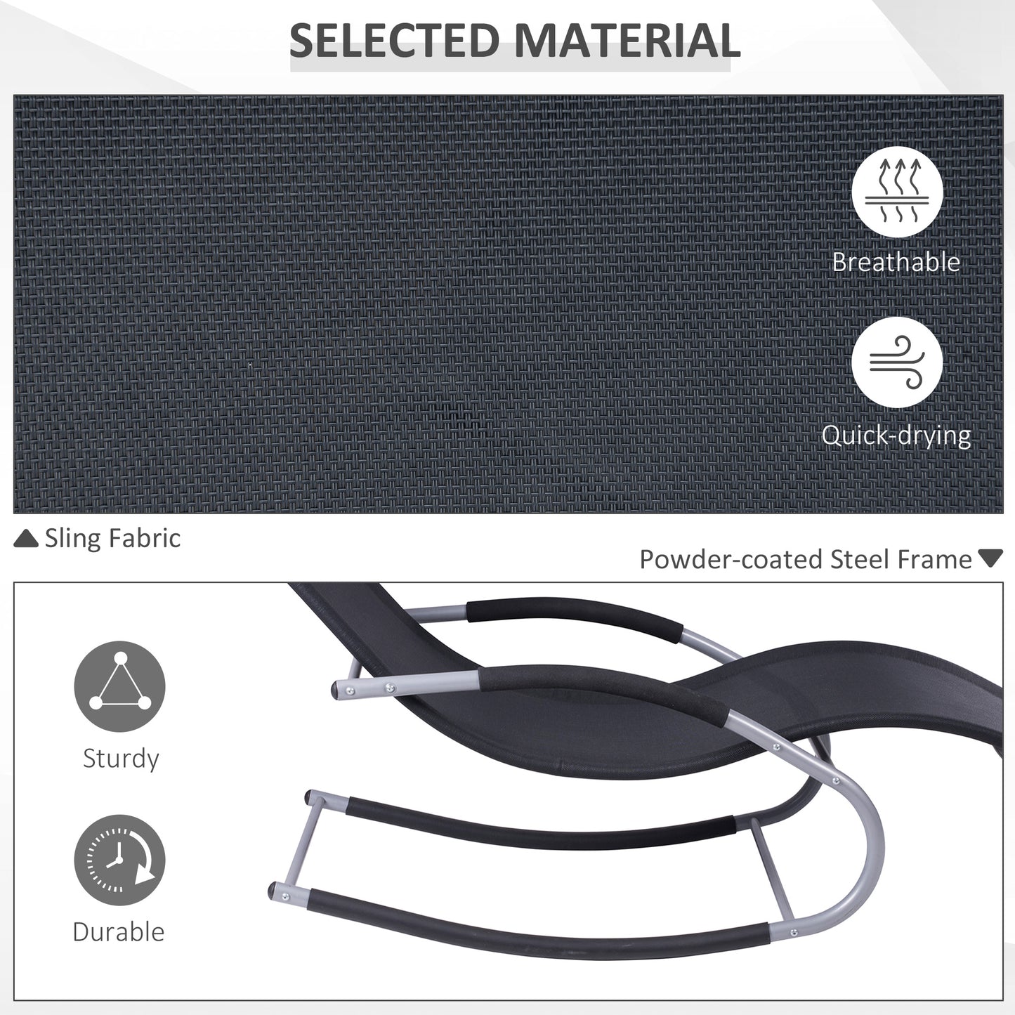 Black sling outdoor rocking chair with breathable fabric and powder-coated steel frame