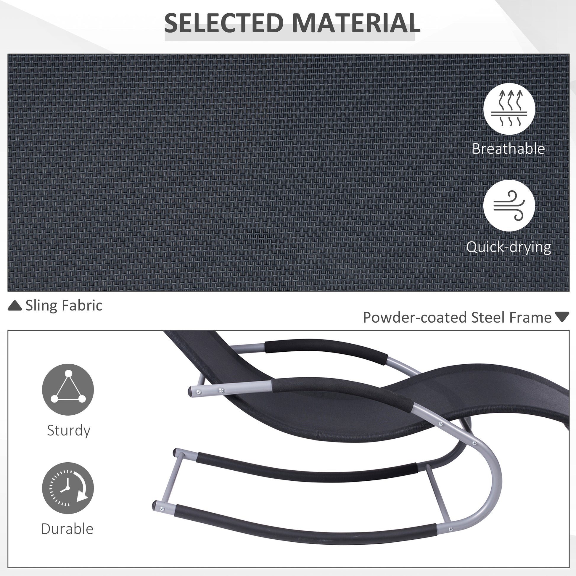 Black sling outdoor rocking chair with breathable fabric and powder-coated steel frame