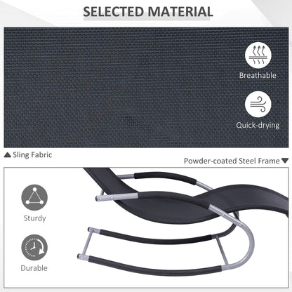 Black sling outdoor rocking chair with breathable fabric and powder-coated steel frame