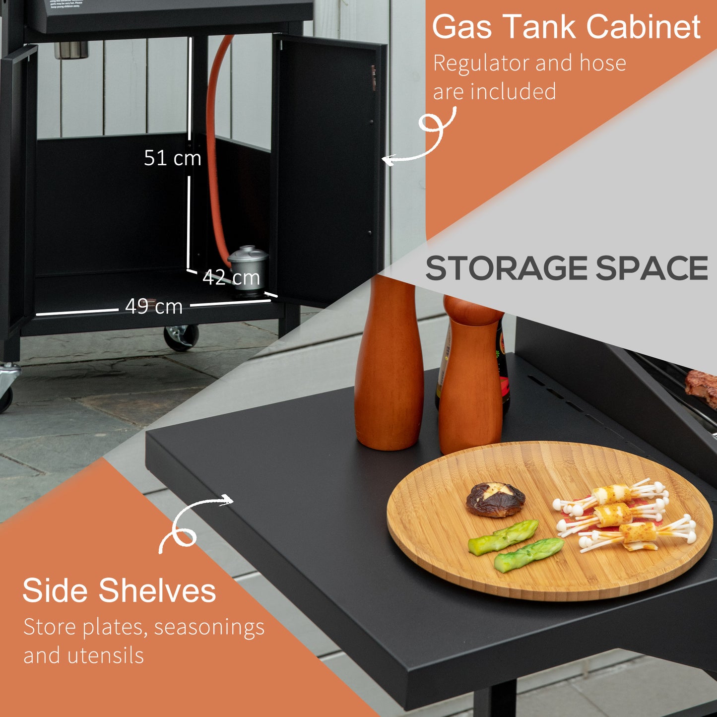Black grill with open gas-tank cabinet, side shelves, and storage compartment