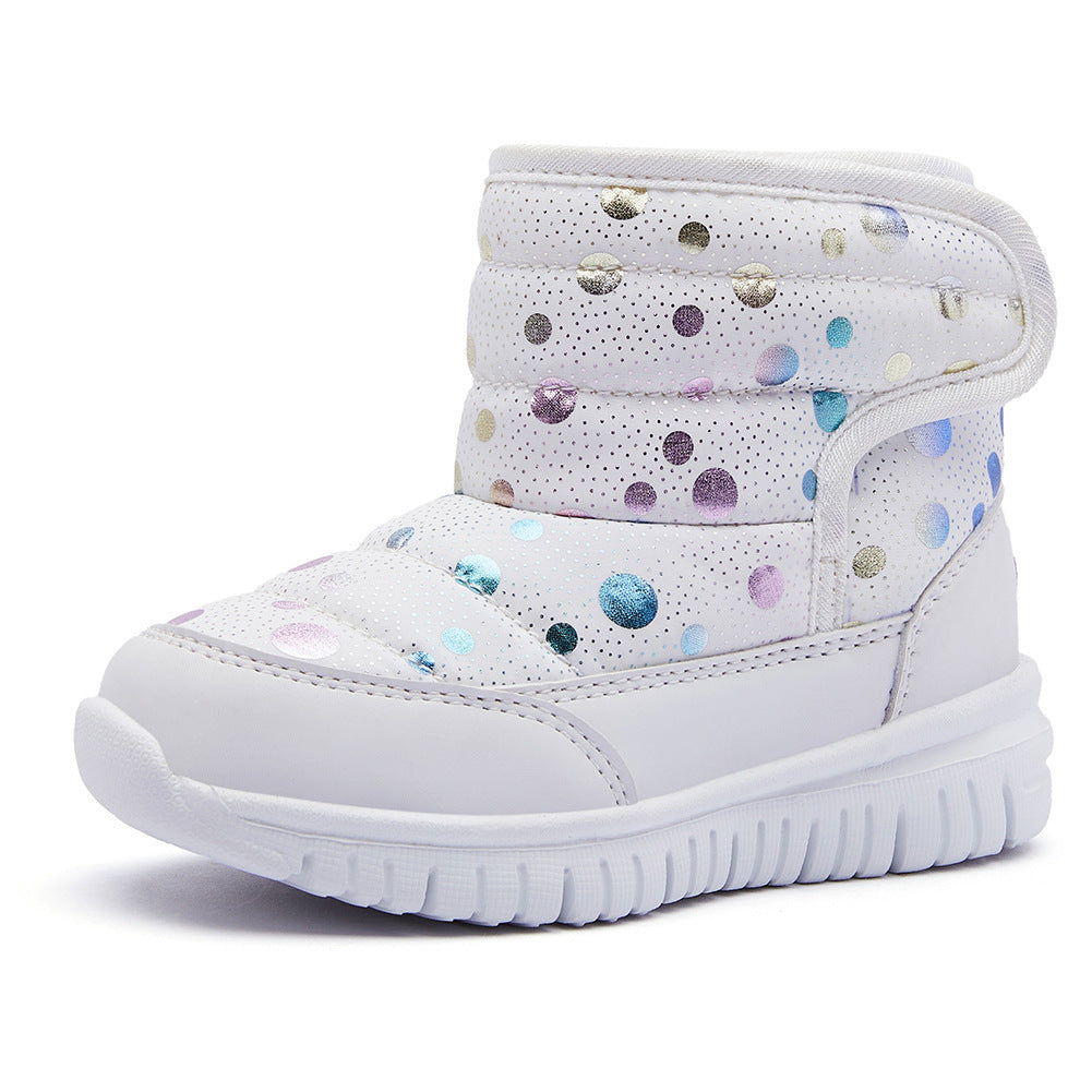 Kids snow boots in white with multicolor speckle print, padded cuff, grippy tread sole