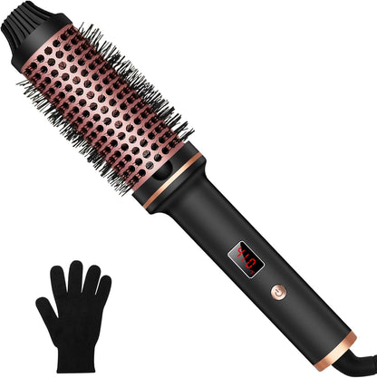 Black 1.5-inch thermal brush curling iron with rose-gold bristle barrel and LCD handle