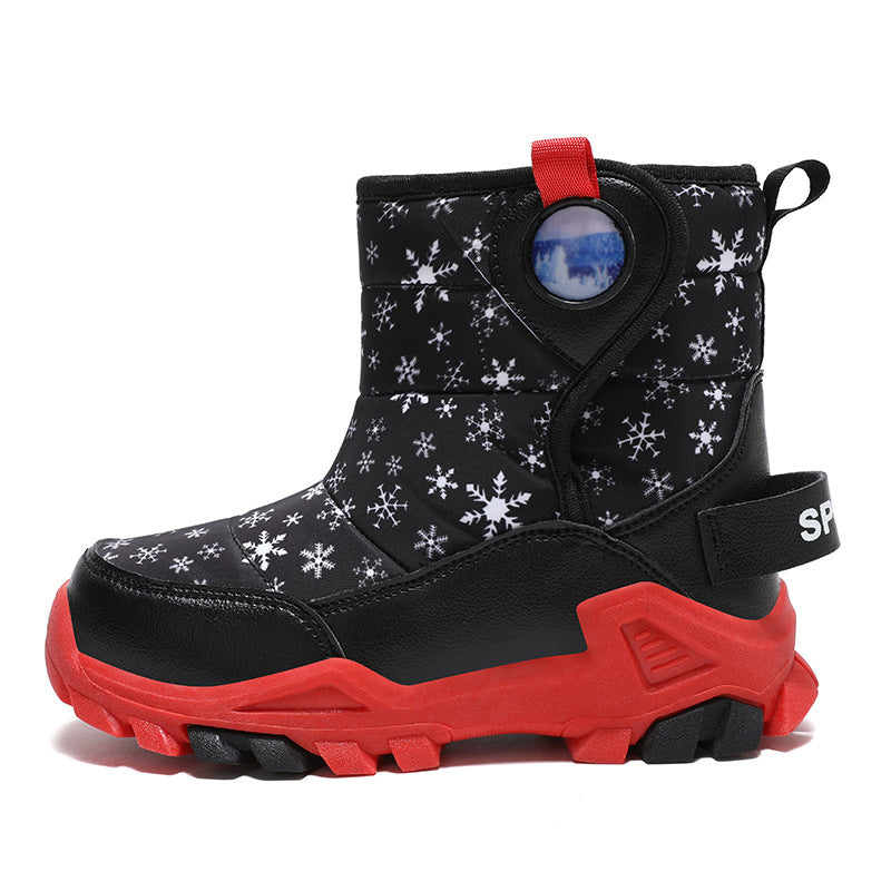 Girls winter snow boots, black with white snowflakes, red tread sole and red pull tab