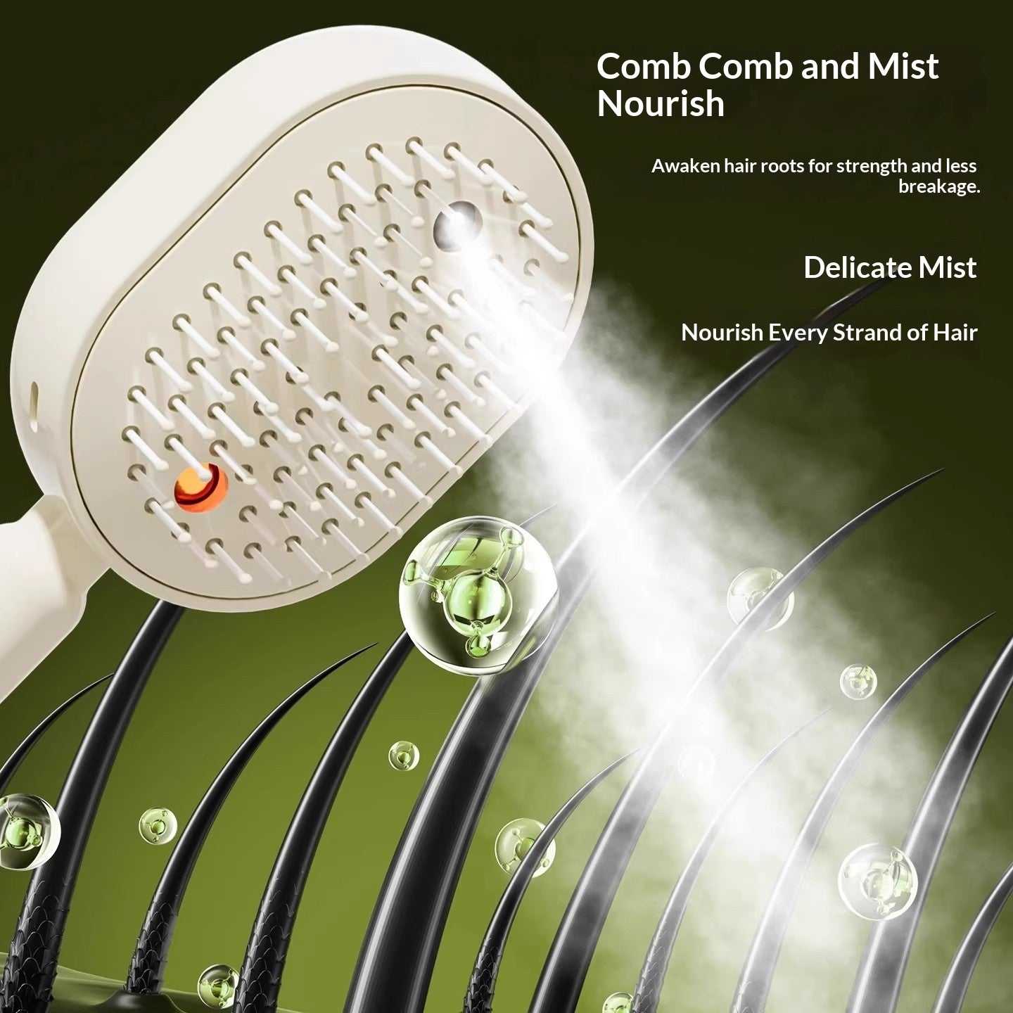 Electric spray massage comb with white mist nozzle and massage pins for hair detangling