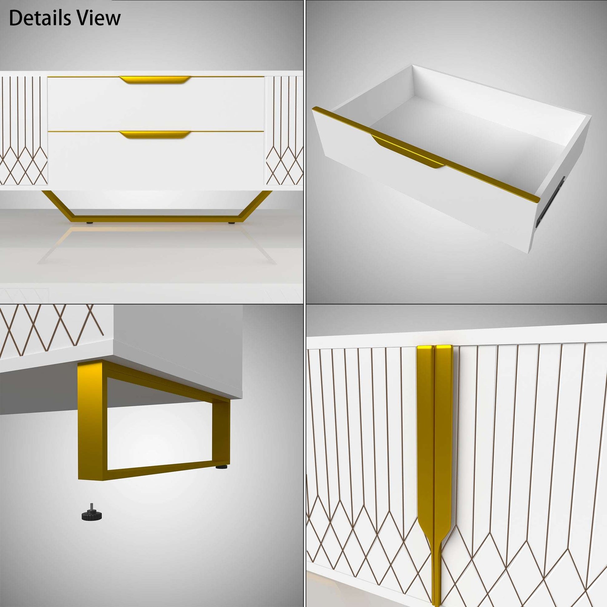 White cabinet with diamond-pattern doors and drawer details, finished with gold trim