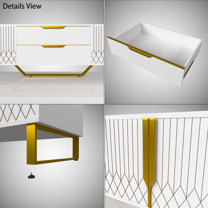 White cabinet with diamond-pattern doors and drawer details, finished with gold trim