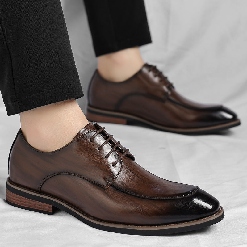 Men’s formal lace-up shoes in dark brown leather-look with gloss toe and stacked sole