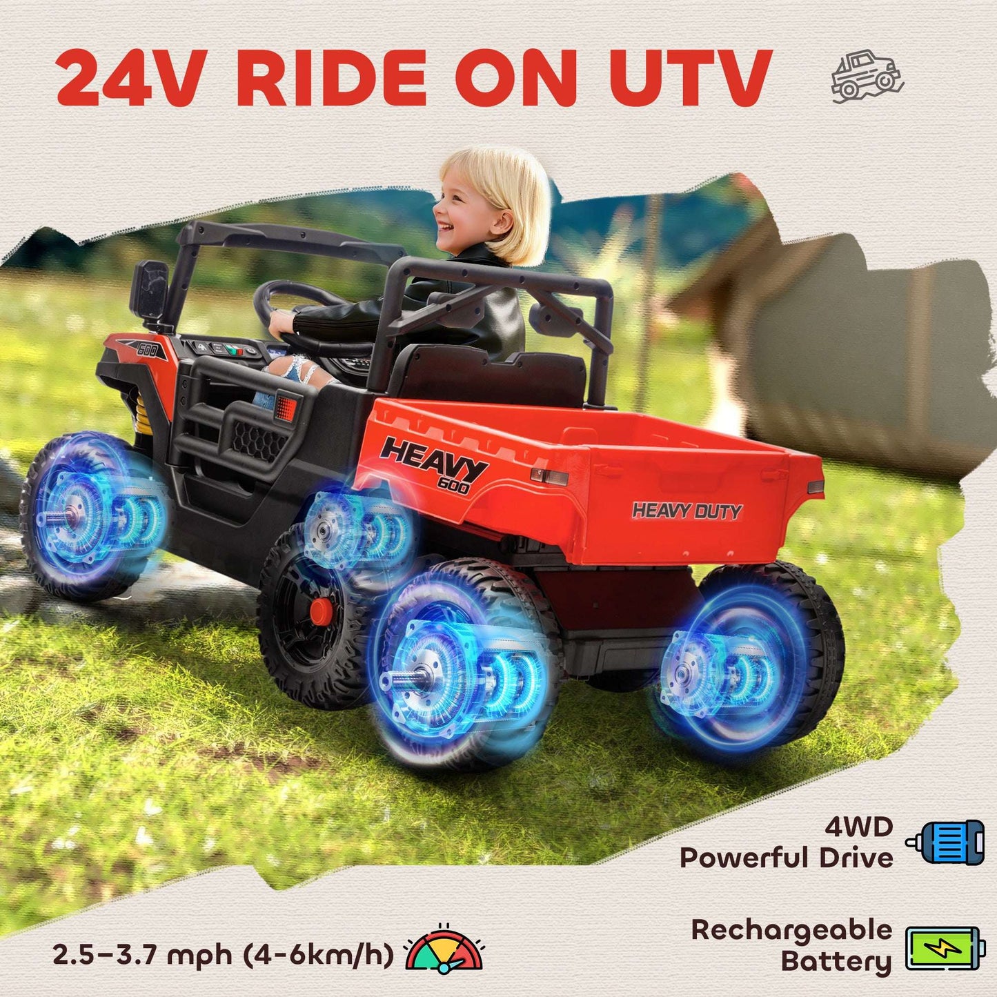 24V 6-Wheel Kids Ride On Dump Truck - 4WD Electric Utility Vehicle 24V 4WD Kids Ride On Car with 6 Wheels, | Ectron Online