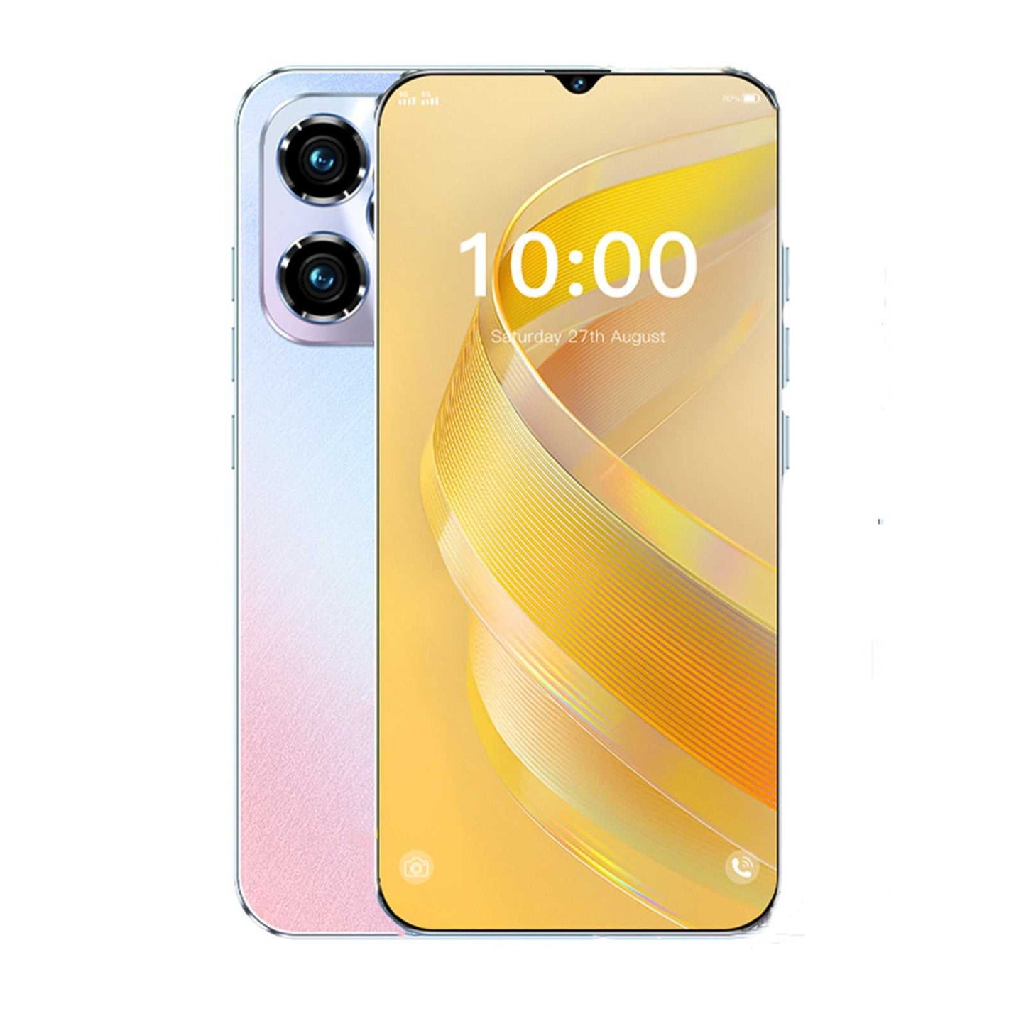 Light blue unlocked smartphone with dual rear cameras and 10:00 home screen
