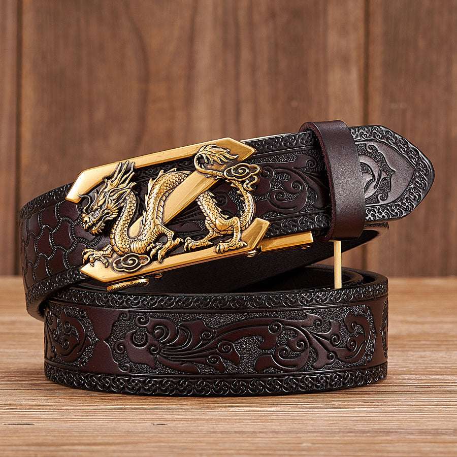 Embossed leather belt with dragon buckle and gold-tone automatic clasp, dark strap