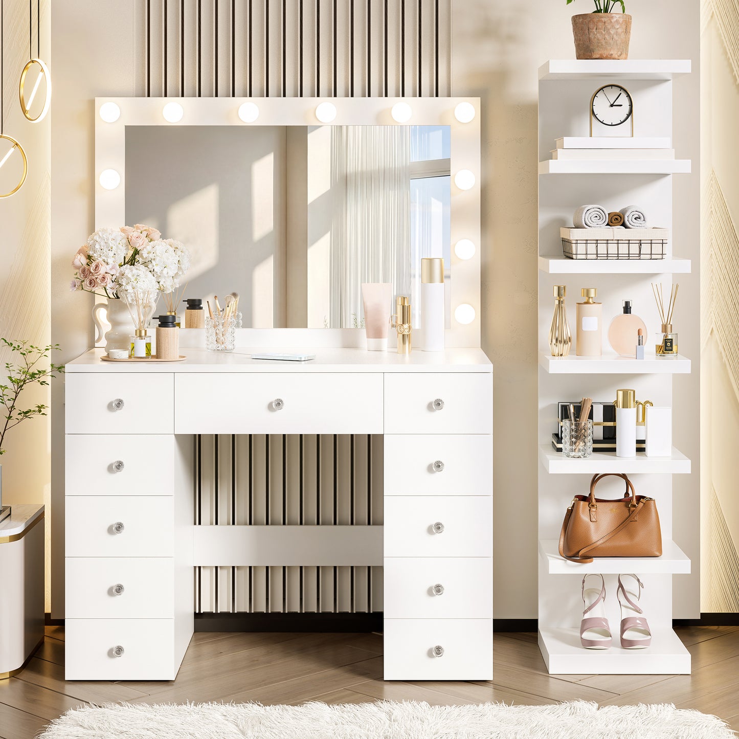 White Hollywood Vanity Desk - 11 Bulbs, 11 Drawers & Power Outlet