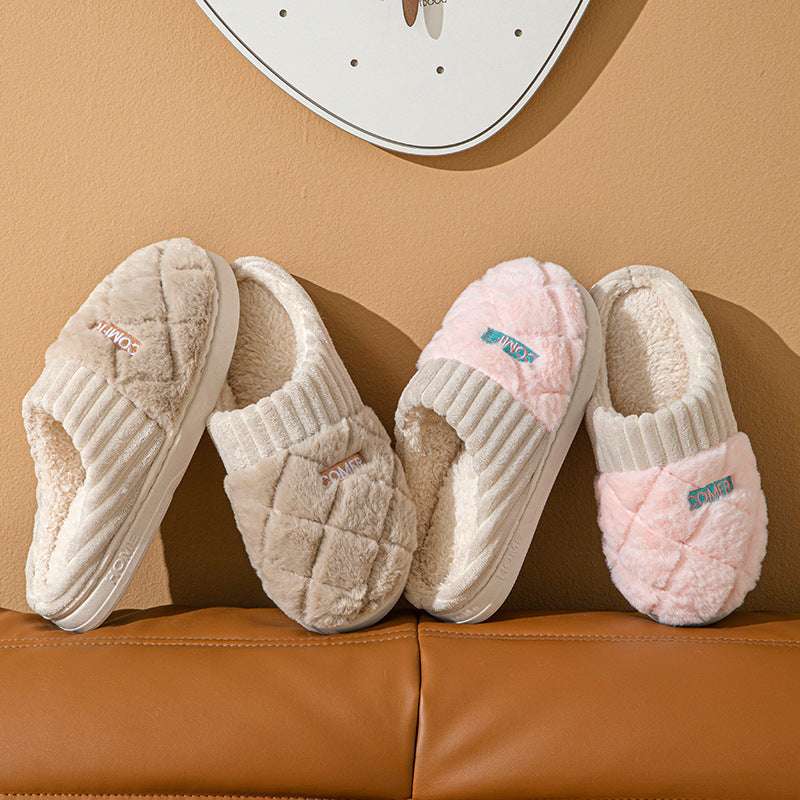Solid Rhombic Letter Slippers – Warm, Non-Slip Plush for Couples Solid Rhombic Letter Home Slippers Winte | Ectron Online