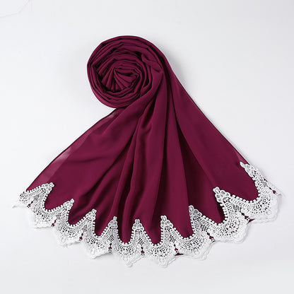 New Pearl Chiffon Scarf Malaysia Fashion Stitching Lace Scarf