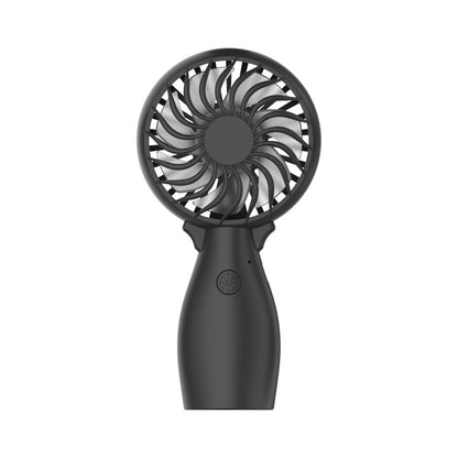 Black handheld fan with circular grille and control button on handle