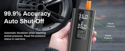Black tire inflator with digital readout showing pressure and orange valve nozzle