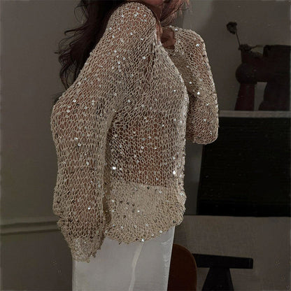 Sequined hollow-out knit top in beige/gold, long sleeves with reflective sequins
